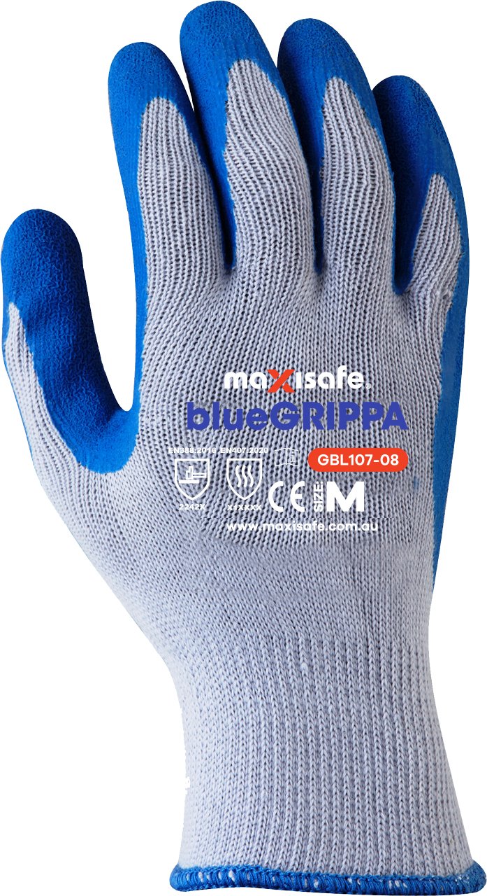 Blue Grippa Glove - Knitted Poly Cotton, Blue Latex Dipped Palm