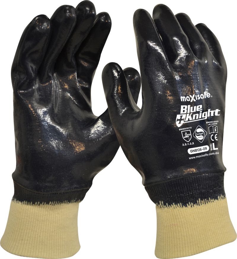 Blue Knight Nitrile Fully Dipped Gloves with Knit Wrist