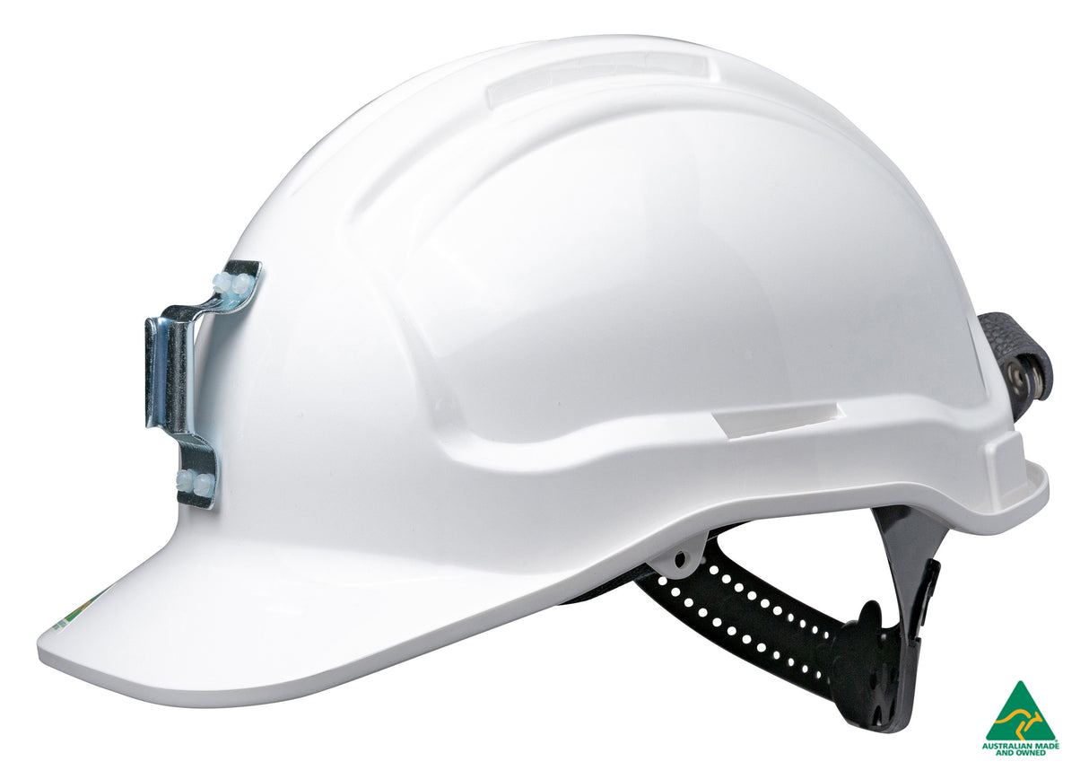 Tuffgard Non-Vented Hard Hat with Sliplock Harness and metal lamp bracket