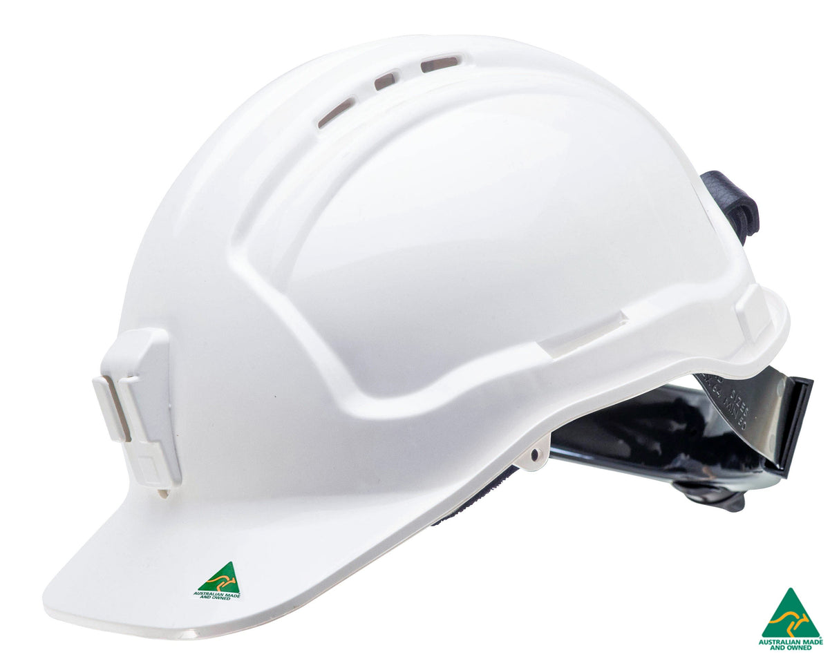 Tuffgard Vented Hard Hat with Ratchet Harness and plastic lamp bracket